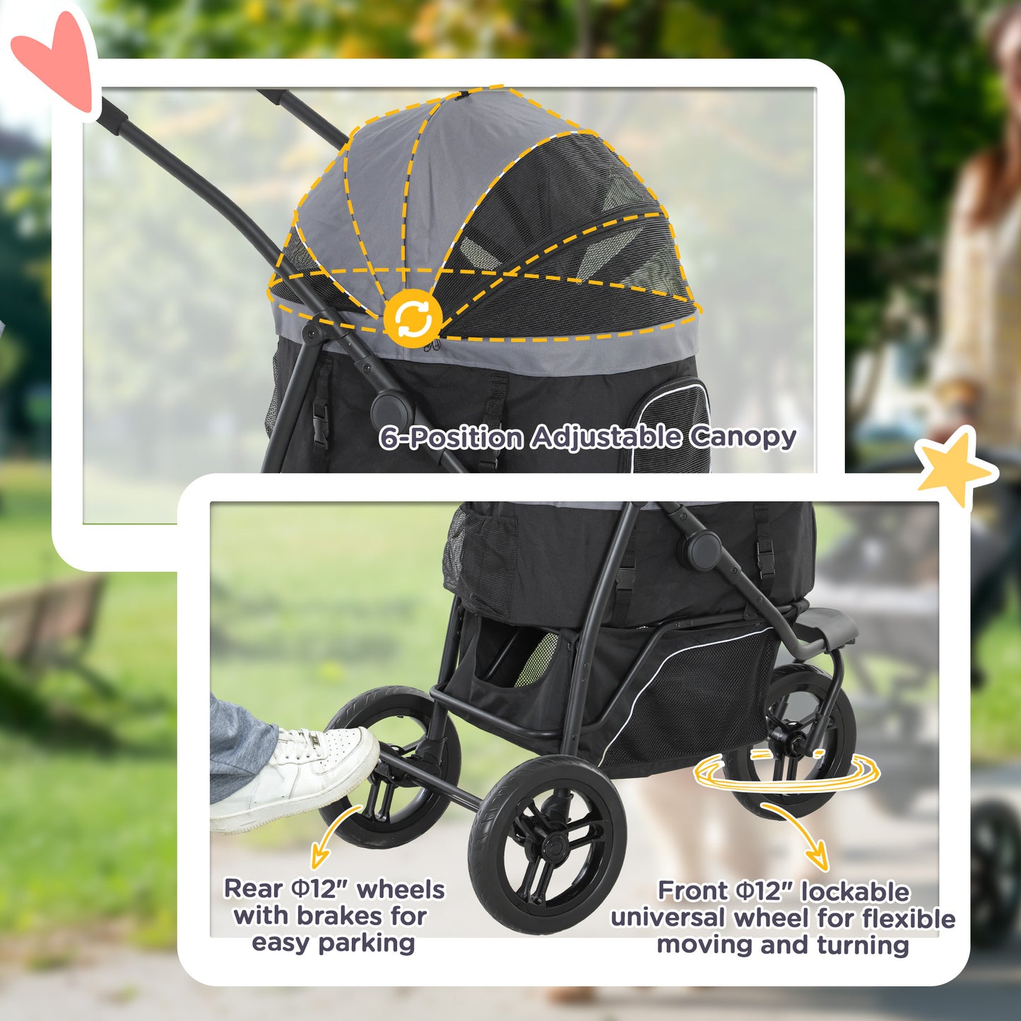 3-in-1 Pet Jogging Stroller – Detachable Carrier & Storage Basket for Small Dogs & Cats, Gray