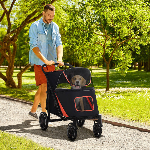 PawHut 1-Click Foldable Doggy Stroller For Medium Large Dogs, Pet Stroller With Storage, Smooth Ride With Shock Absorption, Mesh Window, Safety Leash, Big Dog Walking Stroller, Black