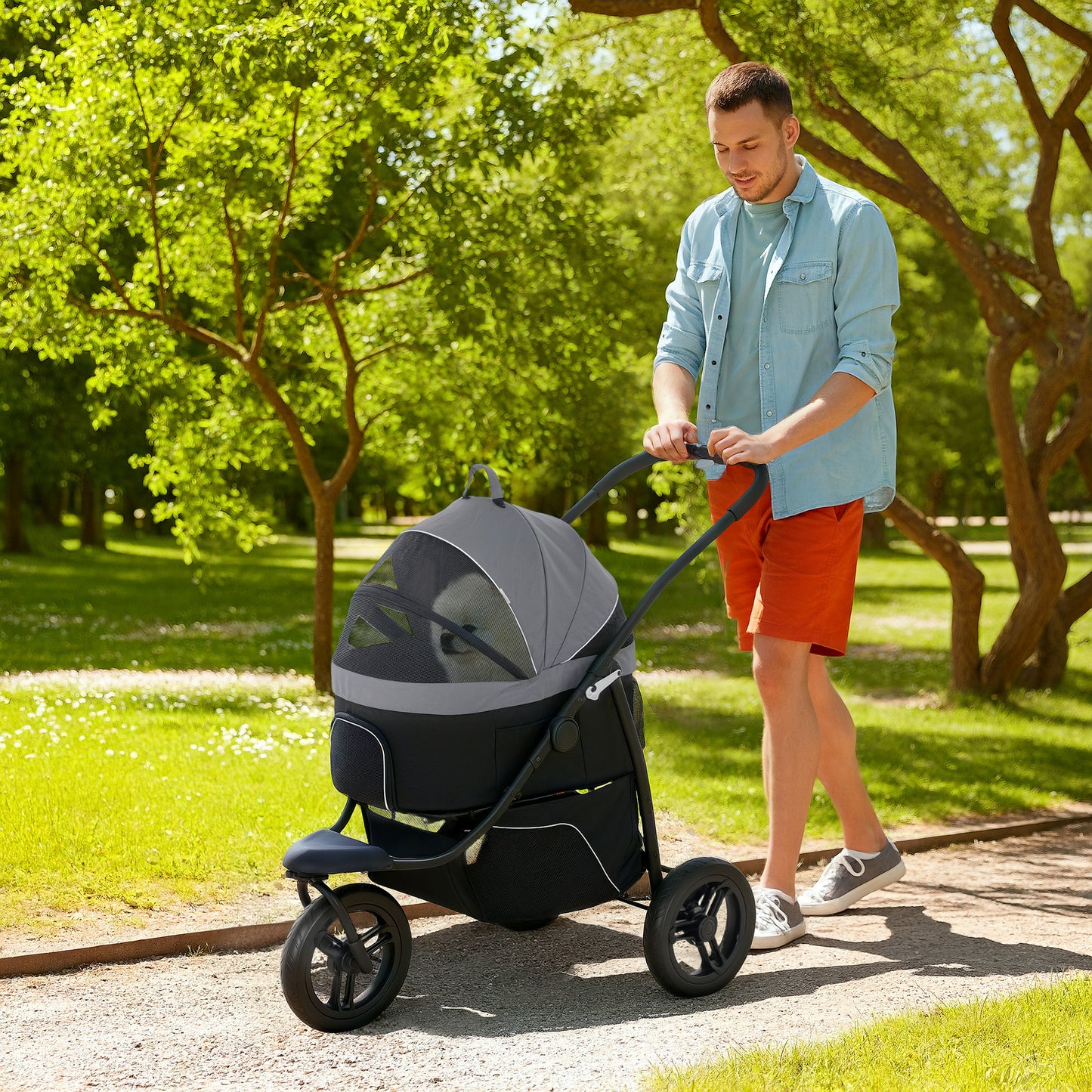 3-in-1 Pet Jogging Stroller – Detachable Carrier & Storage Basket for Small Dogs & Cats, Gray