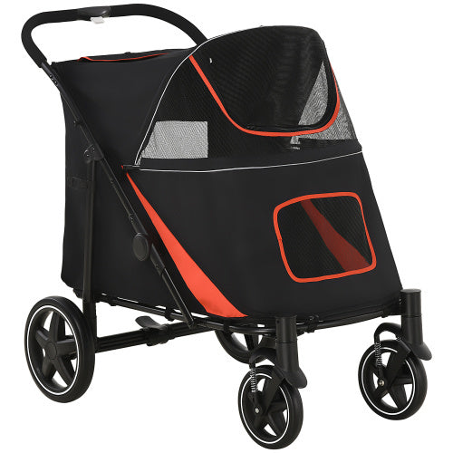 PawHut 1-Click Foldable Doggy Stroller For Medium Large Dogs, Pet Stroller With Storage, Smooth Ride With Shock Absorption, Mesh Window, Safety Leash, Big Dog Walking Stroller, Black