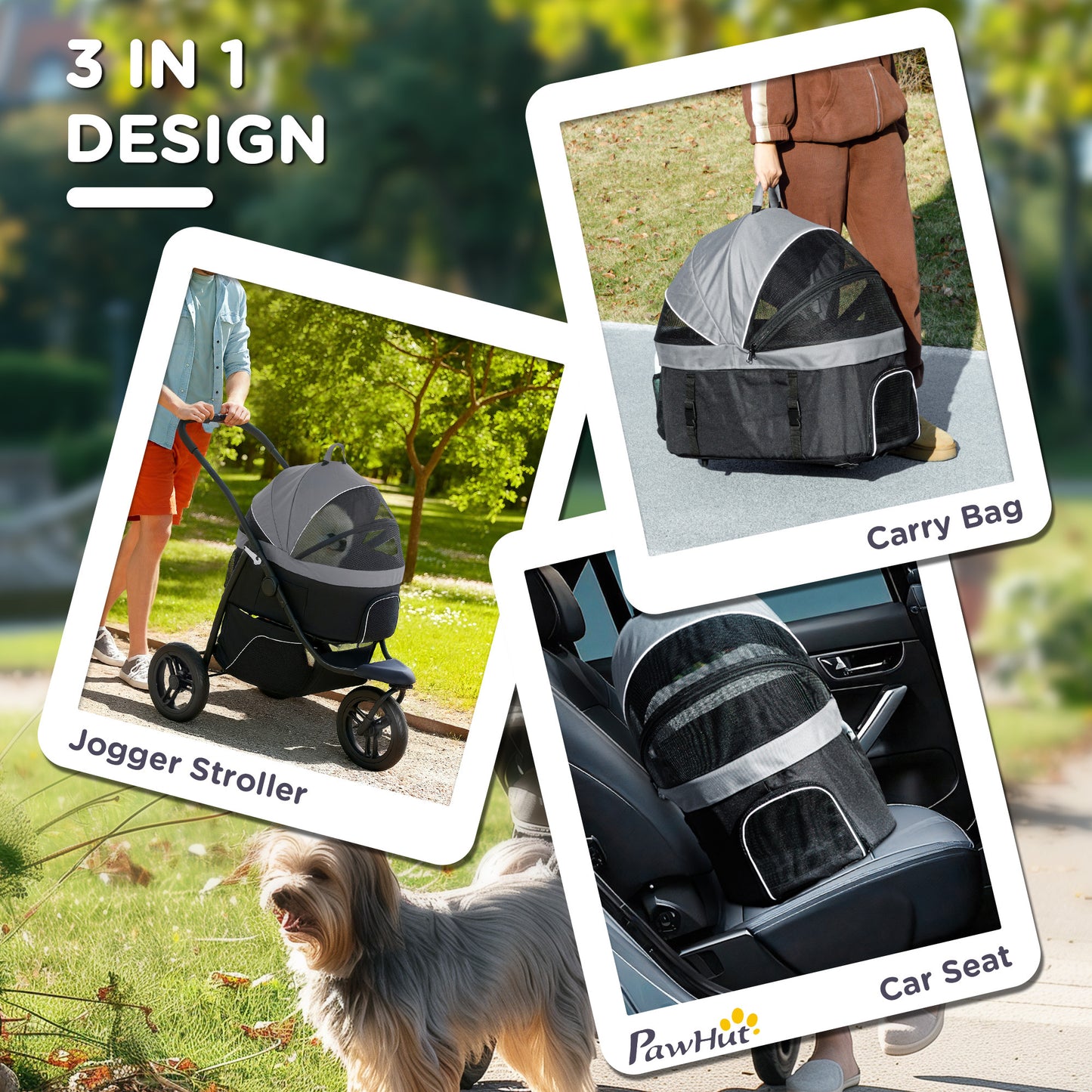 3-in-1 Pet Jogging Stroller – Detachable Carrier & Storage Basket for Small Dogs & Cats, Gray
