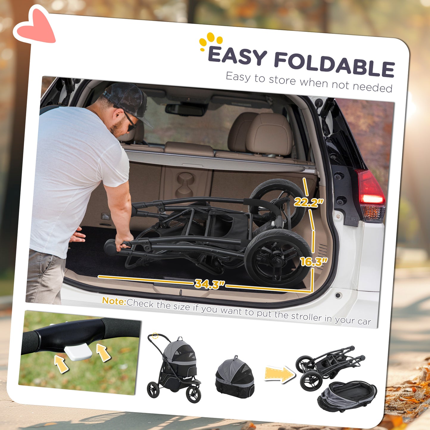 3-in-1 Pet Jogging Stroller – Detachable Carrier & Storage Basket for Small Dogs & Cats, Gray