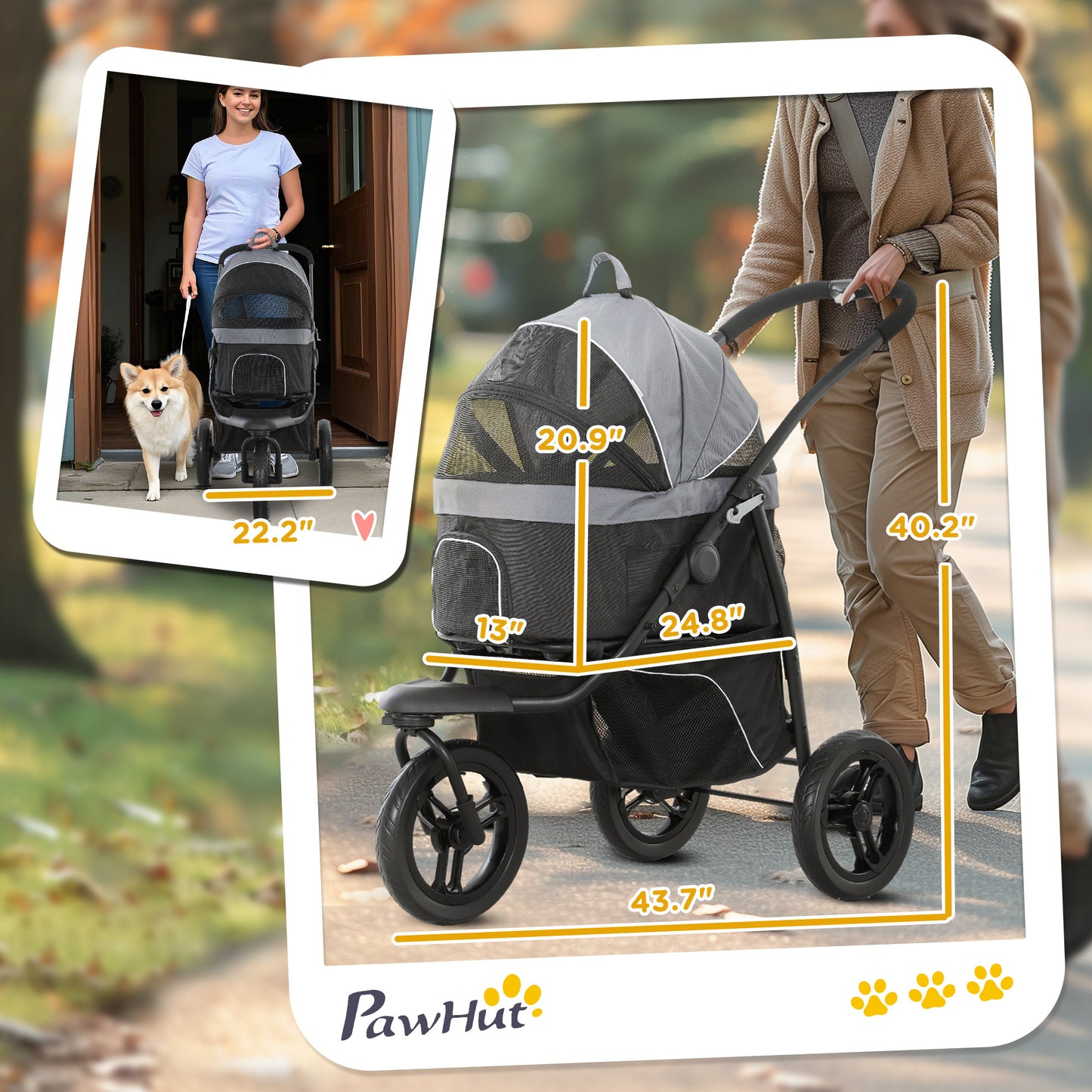 3-in-1 Pet Jogging Stroller – Detachable Carrier & Storage Basket for Small Dogs & Cats, Gray